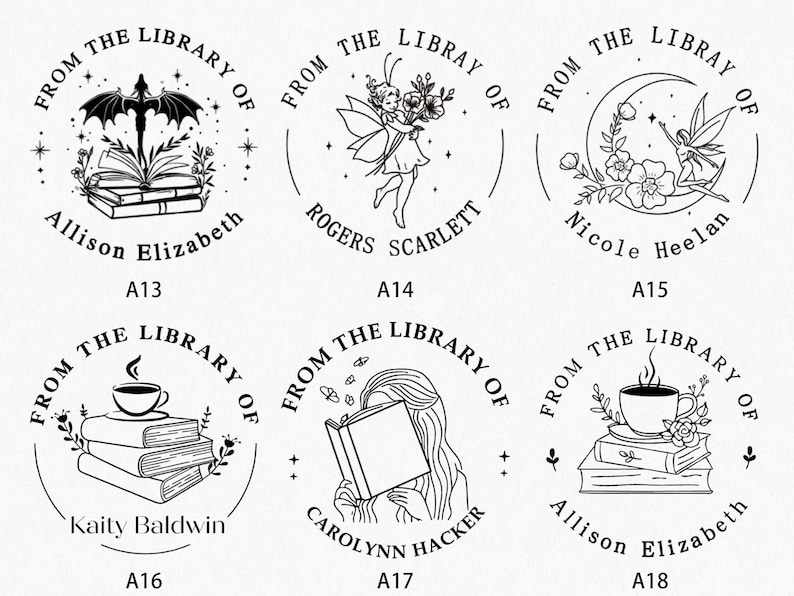 May include: Black and white circular stamps with the text "From the Library of" and various names. Designs include a bat over books, a fairy, a fairy on a crescent moon, a cup of coffee over books, and a person reading.
