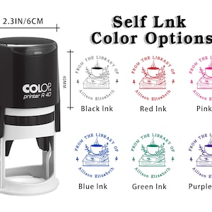 May include: A black self-inking stamp, 4.7 inches (12 cm) tall and 2.3 inches (6 cm) wide, with "COLOP printer R 40" printed on the side. The stamp options include black, red, pink, blue, green, and purple ink, each with a "From the Library of" design.