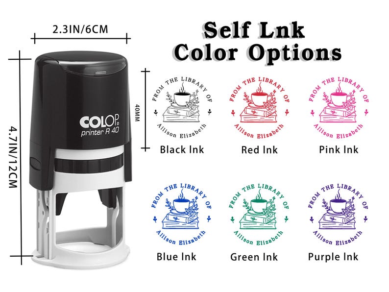 May include: A black self-inking stamp, 4.7 inches (12 cm) tall and 2.3 inches (6 cm) wide, with "COLOP printer R 40" printed on the side. The stamp options include black, red, pink, blue, green, and purple ink, each with a "From the Library of" design.