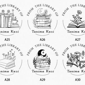 May include: A collection of six black and white library stamps. Each stamp features the text "From the Library of Tanima Kazi" in a circular design. The stamps include illustrations of books, flowers, and celestial elements.