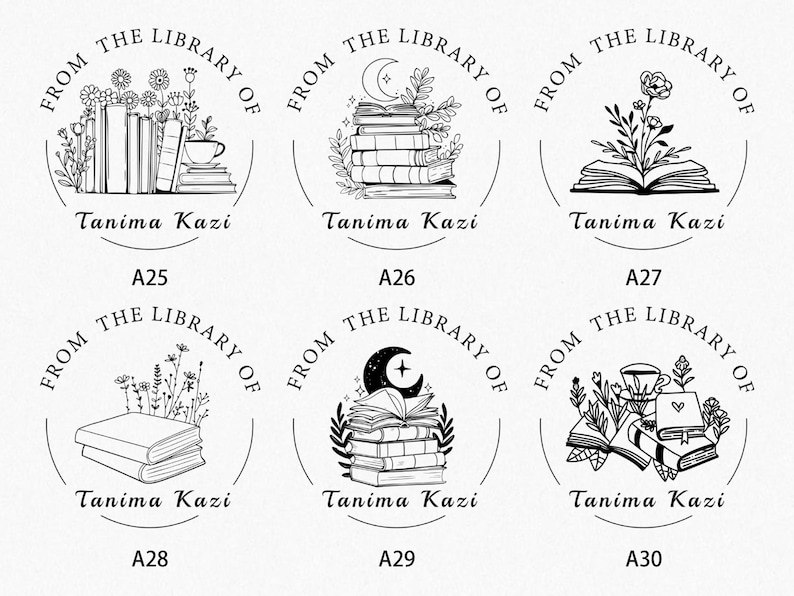 May include: A collection of six black and white library stamps. Each stamp features the text "From the Library of Tanima Kazi" in a circular design. The stamps include illustrations of books, flowers, and celestial elements.