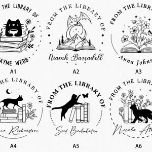 May include: A collection of six black and white library stamps. Each stamp features a circular design with the text "FROM THE LIBRARY OF" and a name. The designs include cats, books, flowers, and a dragon.