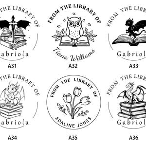 May include: A collection of six black and white library stamps. Each stamp features the phrase "From the Library of" encircling a central design, including a dragon, owl, and books. Names are included.