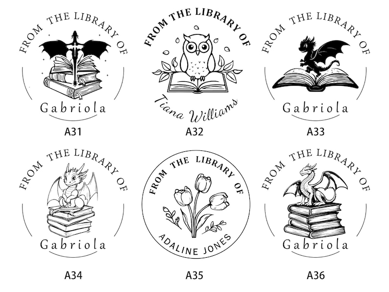 May include: A collection of six black and white library stamps. Each stamp features the phrase "From the Library of" encircling a central design, including a dragon, owl, and books. Names are included.