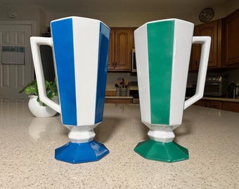 Vintage 1970s Tall Striped Cups with Pedestal Foot Set of 2