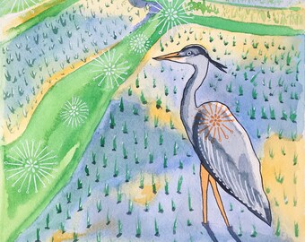 Grey Heron in Rice Field - Watercolor and Ink Archival Print- Animal Illustration- Bird Illustration by Rachel Devenish Ford