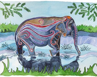 River Elephant: Watercolor and ink archival art print- animal illustration- giclee print