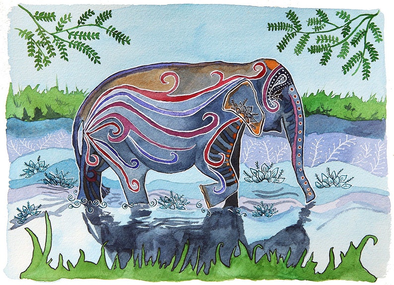 River Elephant: Watercolor and ink archival art print animal illustration giclee print image 1