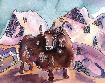 Yak!- Watercolor and ink archival print- Animal illustration- Giclee print- by Rachel Devenish Ford