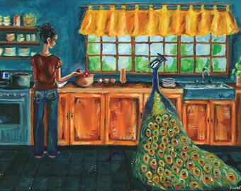 Nothing Was Ordinary- Acrylic Bird Painting - Girl with peacock- Illustrative whimsical archival print- by Rachel Devenish Ford