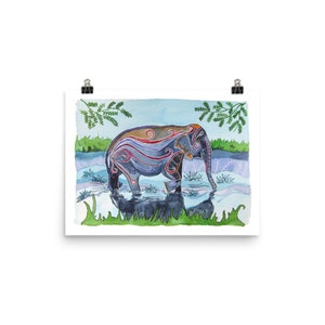 River Elephant: Watercolor and ink archival art print animal illustration giclee print image 2