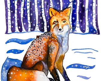 Fox in the Woods: Aquarelle et encre d’art d’archives imprimé- illustration animale- impression giclee