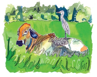 The Cow and the Egret- Watercolor and Ink Archival Print- Animal Illustration- bird illustration- by Rachel Devenish Ford