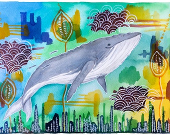 Der Buckelwal schwimmt und singt: Aquarell und Tinte Giclée Print - Tier Illustration