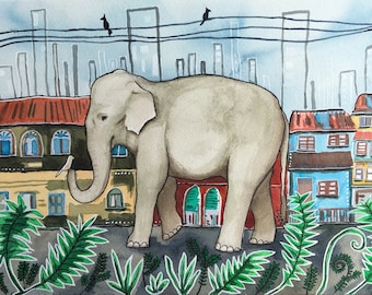 The Elephant Sees Change- Watercolor and Ink Giclee Print- Animal Illustration