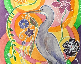 The Heron Dreams of Flowers - Watercolor and Ink Archival Print - Animal Illustration- Bird Illustration