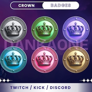 6 Crown Sub Badges Twitch/YouTube/Discord / Bits Badges / Twitch Sub Badges / Cartoon Badges / Discord / Stream Badges.