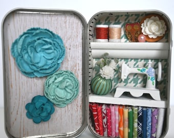 Tiny Tin Sewing Room ~ Turquoise Flowers