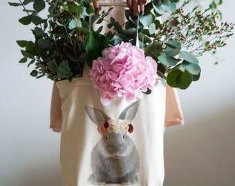 Bunny with Flowers Crown Tote Bag