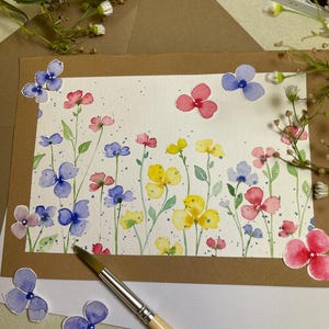 ORIGINAL handgemalte Aquarell Blumen, Grußkarte, Blumenwiese, Geburtstag, Dankeskarte, Gute Besserung, Muttertag.