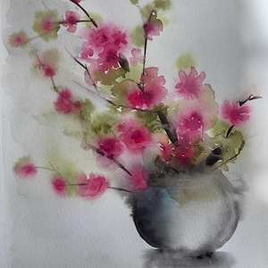 Original Aquarellbild Vase mit Blumen, Aquarellmalerei, keine Kopie oder Druck.