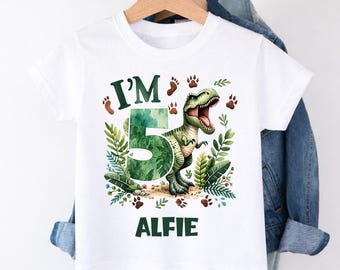 Verjaardagsshirt dinosaurus elke leeftijd voor jongens – aangepaste naam leeftijd T-shirt verjaardag T-Rex – I'm 5 Dino-feestoutfit – kinderverjaardagsshirt gepersonaliseerd