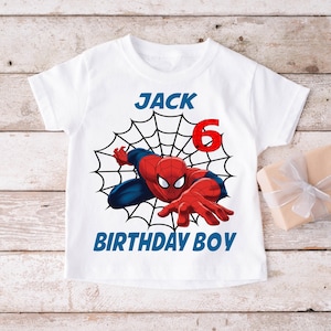 Camiseta de Spiderman con nombre y edad, cumpleaños personalizado, cumpleaños de superhéroe, camisetas de Spiderman con nombre y edad, fiesta de cumpleaños