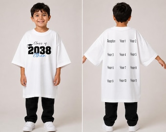 Personalised Preschool Graduation T-Shirt, Class Of 2038 handprint 2039 2037