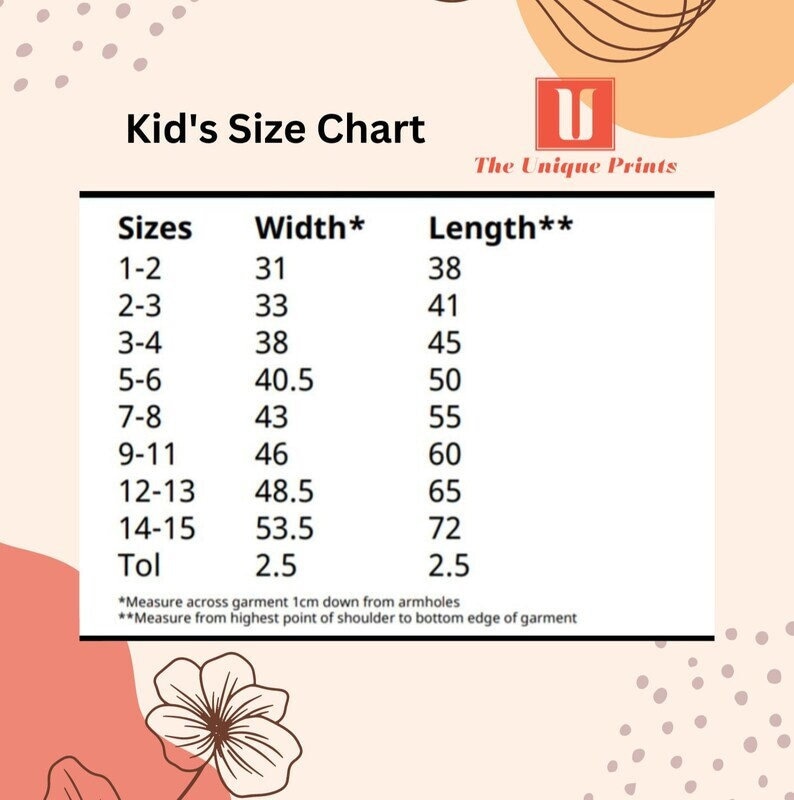 Op de afbeelding: Een maattabel voor kinderkleding, die maten van 1-2 tot 14-15 laat zien, met de bijbehorende breedte- en lengtematen in inches. De tabel bevat ook een "Tol" rij voor tolerantie, met maten in inches.