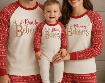 Personalised Luxury  believes Christmas Pyjamas for Family 100% Cotton Matching Sets for boys Girls Mum Dad Baby  Customised Santa Reindeer