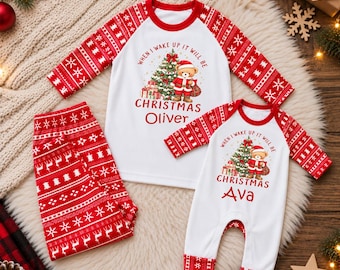 When I Wake Up It Will Be Christmas - Children’s Christmas PJ’s Reindeer   Xmas pyjamas personalised kids Santa