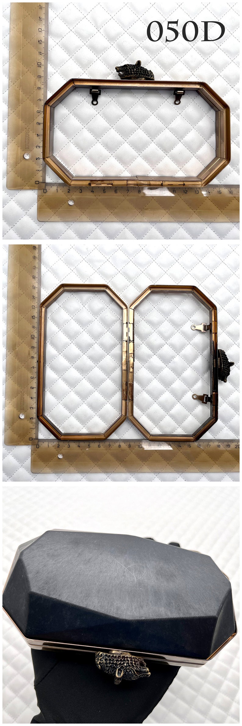 Pu&ograve; includere: Una cornice in metallo dorato per una pochette. La cornice &egrave; ottagonale e ha una chiusura a cerniera. La cornice &egrave; mostrata su uno sfondo di tessuto trapuntato bianco. La cornice &egrave; lunga 40,6 cm e larga 12,7 cm.