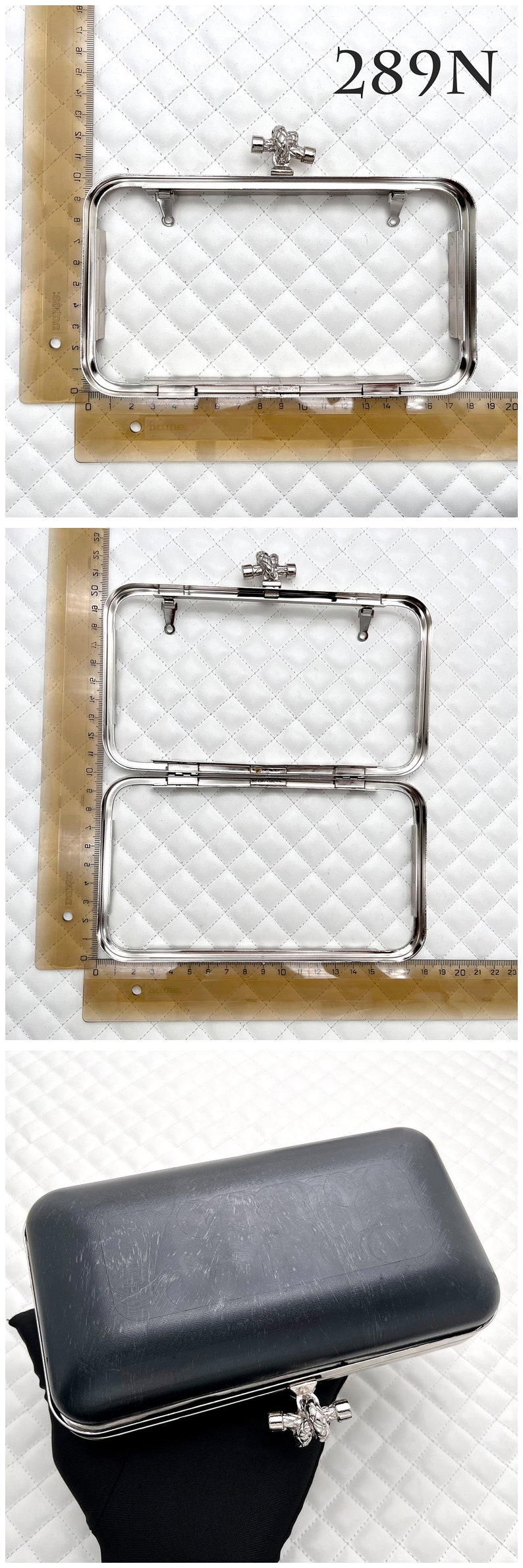 5 size Iron Rectangle glue on bag purse Pouch Bag Clutch Frame with plastics box, nickel, for wedding Bridal bag Purse Clutch frame making 289N  7" x 4"