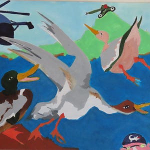 May include: A colorful painting depicts ducks in flight over blue water, with a helicopter and a small plane in the sky. The ducks have orange beaks and feet, with gray, brown, and pink feathers. The background includes green and blue areas.