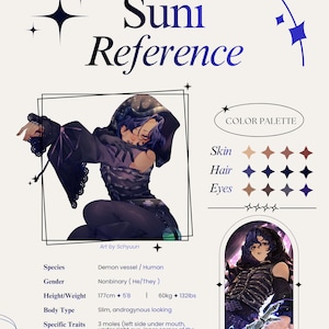 May include: A reference sheet for a character named Suni, featuring an illustration of the character in a dark outfit. The sheet includes a color palette, character traits, and details about the character's species, gender, height, and body type.