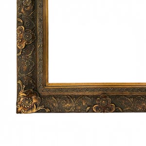 May include: A detailed corner of a decorative picture frame. The frame has a gold inner edge and a dark brown outer edge with ornate floral and scrollwork designs. The frame is set against a white background.