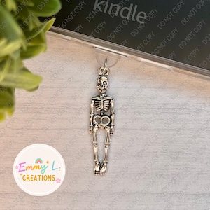 Silver Skeleton Kindle Charm, Phone Charm, iPad Charm, Bookish Accessories, Dust Plug Charm, Kindle Accessories, USB-C Plug, Halloween Charm