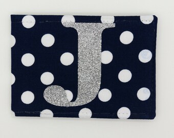 Personalised Oyster card holder, bus pass holder, travel card holder,wallet. Monogrammed navy spot fabric.Silver glitter initial.Card holder