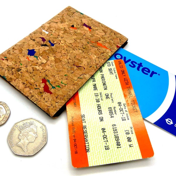 Oyster card holder, travel card holder, wallet. Natural cork fabric with colour flecks. Card wallet, Oyster card wallet, credit card holder