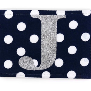 Personalised Oyster card holder, bus pass holder, travel card holder,wallet. Monogrammed navy spot fabric.Silver glitter initial.Card holder