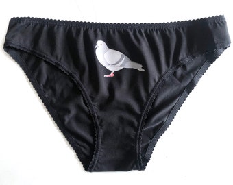 Pigeon Pants. Black cotton Briefs with pigeon print.