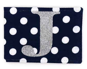 Personalised Oyster card holder, bus pass holder, travel card holder,wallet. Monogrammed navy spot fabric.Silver glitter initial.Card holder