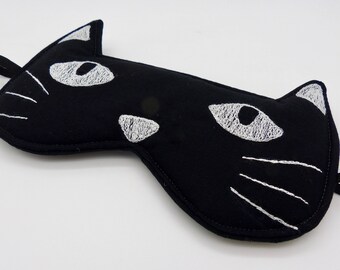 Sleep mask , eye mask. Cat sleep mask. Embroidery eye mask, cat mask, travel mask in black with white embroidery.