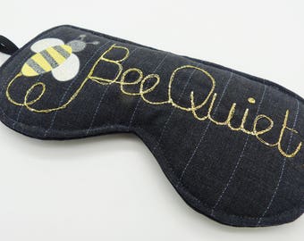 Sleep mask with Bee Quiet! embroidery. Eye mask, travel mask in pin stripe with Bee print. Sleeping mask, black-out mask.
