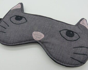 Sleep mask , eye mask. Cat sleep mask. Embroidery eye mask, cat mask, travel mask in grey with black and pink embroidery.