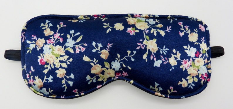 Sleep mask in navy ditsy floral satin print Travel mask. Luxury floral satin eye mask