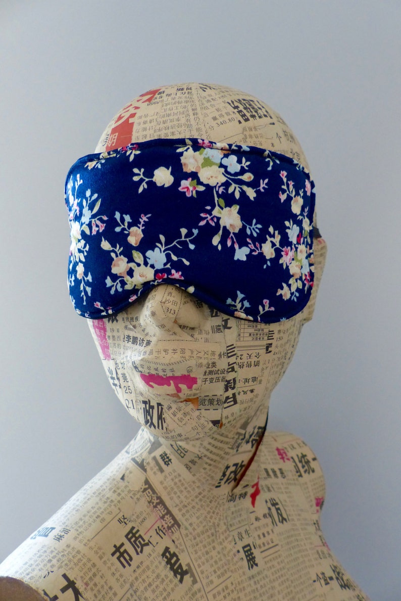 Sleep mask in navy ditsy floral satin print Travel mask. Luxury floral satin eye mask