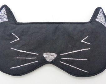 Sleep mask , eye mask. Cat sleep mask. Embroidery eye mask, cat mask, travel mask in black with white embroidery.