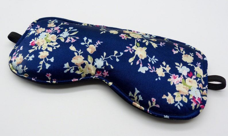 Sleep mask in navy ditsy floral satin print Travel mask. Luxury floral satin eye mask