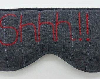 Sleep mask with Shhh!! embroidery. Eye mask, travel mask in pin stripe with orange embroidery. sleeping mask. Travel mask.